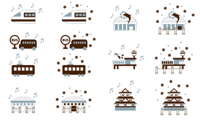 セット　COVID-19 ウイルス　伝染病　感染　閉鎖　中止　密室　イラスト　ベクター　アイコン　シンボル　クリップアート　旅行　地図　挿絵