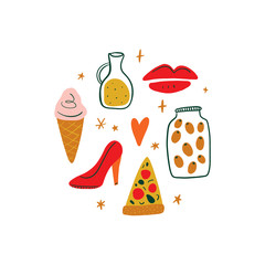 Modern cartoon colorful flat stylized Italian icons symbols, label, cute illustration. Doodle landmarks concept, food and drinks of Italy. Vector EPS clip art