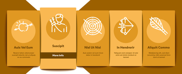 Archery Activity Sport Onboarding Mobile App Page Screen Vector. Archery Target And Equipment, Crossbow And Bow, Arrow And Archer, Championship Cup Linear Pictograms. Color Contour Illustrations