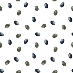 Watercolor hand drawn seamless pattern with olive green and black fruit on trendy monochrome earthy hue isolated on white background. Good for textile, wrapping paper, background, design etc.