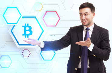 Business, Technology, Internet and network concept. Young businessman working on a virtual screen of the future and sees the inscription: