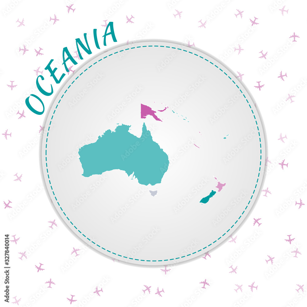Poster oceania map design. map of the continent with regions in emerald-amethyst color palette. rounded tra