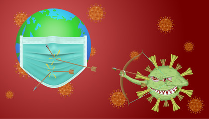 Virus cell with scary and evil face shooting arrow bow to earth for spread. reflecting the attacks. Defender by protective mask. COVID-19, 2019-nCoV. virus disease. Spread the virus.