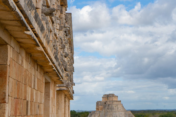 Fragment of the Governor's Palace (Nunnery Quadrangle). Uxmal an ancient Maya city of the classical period. Travel photo. Yucatan. Mexico.