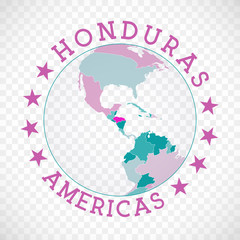 Honduras round logo. Badge of country with map of Honduras in world context. Country sticker stamp with globe map and round text. Radiant vector illustration.