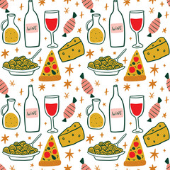 Modern cartoon colorful flat stylized Italian icons symbols seamless pattern, cute illustration. Doodle landmarks concept, food and drinks of Italy. Vector EPS clip art