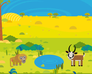 Naklejka premium cartoon africa safari scene with cute wild animals by the pond illustration