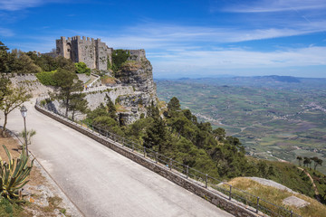 Fototapeta na wymiar Road to remains of Norman Castle called Venus Castle in Erice, small town located on a mountain near Trapani city, Sicily Island in Italy