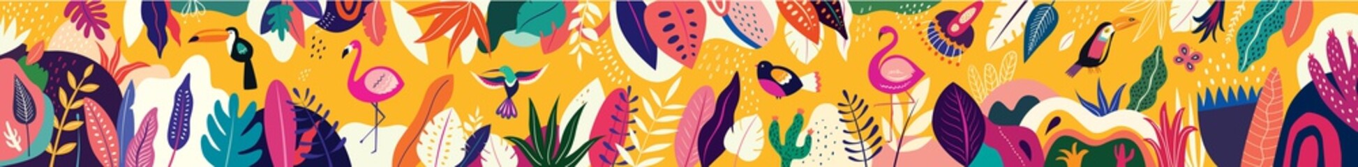 Animals big collection. Animals of Brazil. Vector colorful set of illustrations with tropical flowers, leaves, monkey, flamingo, and birds. Brazil tropical pattern. Rio de janeiro pattern