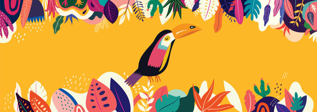 Vector colorful illustration with tropical flowers, leaves and toucan	