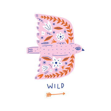 Fototapeta Spring lettering greeting card. Birds with folk nordic floral ornaments. Paper cut animals in flat modern scandinavian style. Hand drawn colored set. Hygge and lagom design concept. Vector EPS