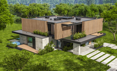 3d rendering of modern cozy house with parking and pool for sale or rent with wood plank facade and beautiful landscaping on background. Clear sunny summer day with blue sky.