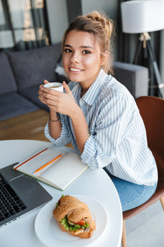 Image of pleased nice woman drinking coffee and using laptop