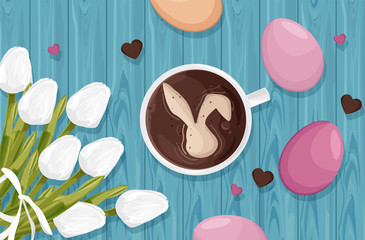 Happy Easter eggs decorations with white tulip flowers and coffee with bunny