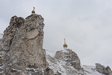 Unique buildings of the Divnogorsk male cave monastery in central Russia. February 2020