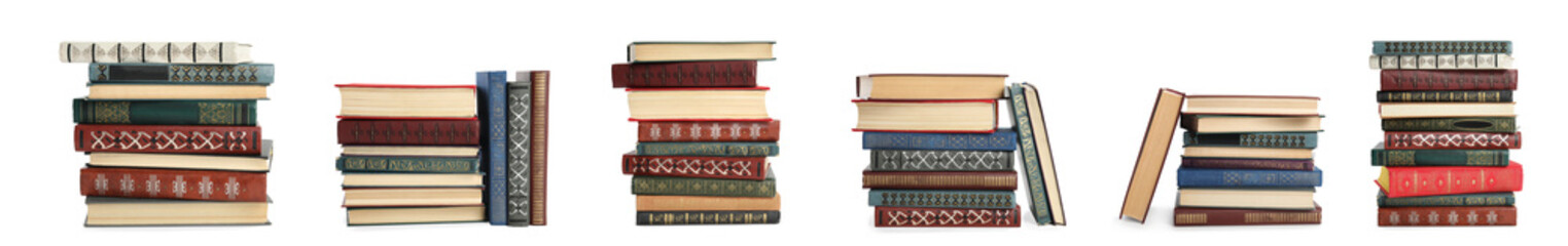 Collection of different retro books on white background. Banner design