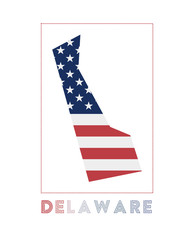 Delaware Logo. Map of Delaware with us state name and flag. Amazing vector illustration.