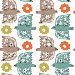 Spring seamless pattern. Birds with folk nordic floral ornaments. Paper cut animals in flat modern scandinavian style. Hand drawn colored set. Hygge and lagom design concept. Vector EPS