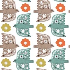 Wall murals Scandinavian style Spring seamless pattern. Birds with folk nordic floral ornaments. Paper cut animals in flat modern scandinavian style. Hand drawn colored set. Hygge and lagom design concept. Vector EPS
