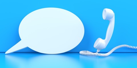 White telephone handset with a white speech bubble on the blue background. 3d illustration.