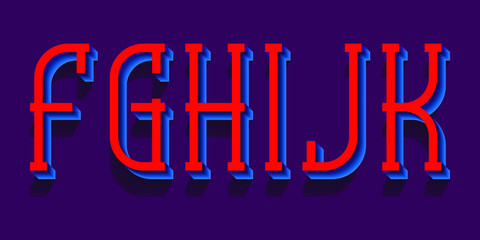 F, G, H, I, J, K illusive red blue letters. Urban 3d letters font.