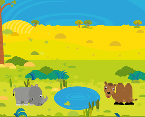 cartoon africa safari scene with cute wild animals by the pond illustration