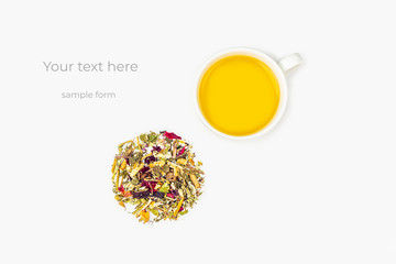 Layout of cup of green tea with assortment of different dry tea leaf and flower petals on a white background. Organic, herbal, detox, vitamin hot drink for tea ceremony. Close up, copy space for text - obrazy, fototapety, plakaty