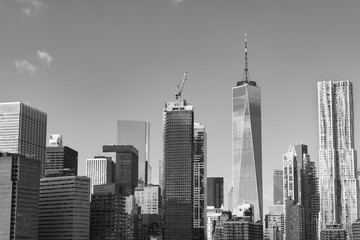 Fototapeta na wymiar Black and White Lower Manhattan New York City Skyline Scene with Modern Skyscrapers on a Clear Day