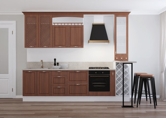 The interior of the kitchen in a private house. 3d rendering.