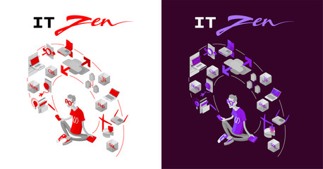 Flat isometric illustration of IT engineer seating in lotus pose surrounded by it elements icons