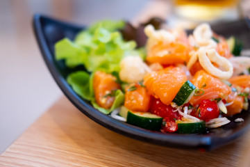 Salmon sashimi spicy salad mixed vegetable