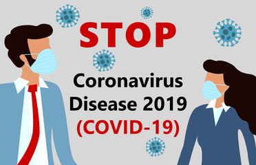 Stop COVID-19, 2019-nCoV, woman and man in suit with blue medical face mask. Concept of  stop Wuhan Novel corona virus disease outbreak