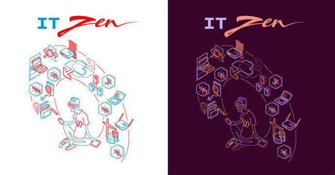 Line isometric illustration of IT engineer seating in lotus pose surrounded by it elements icons