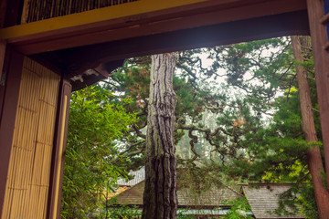 View to a Japanese village through the window of traditional japanese architecture 