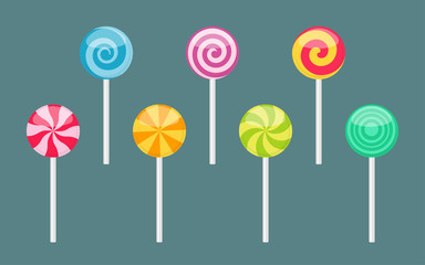 Set of lollipop sweet colorful candies with spiral and ray patterns. Vector illustration isolated