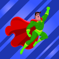 Flat design flying superhero in heroic pose.