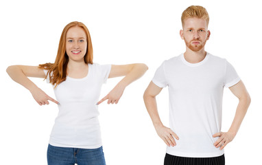 young man and girl in white T shirts isolated on white background close up