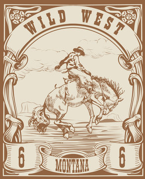 vector image of a cowboy on a horse in the form of a postage stamp with the inscription Montana