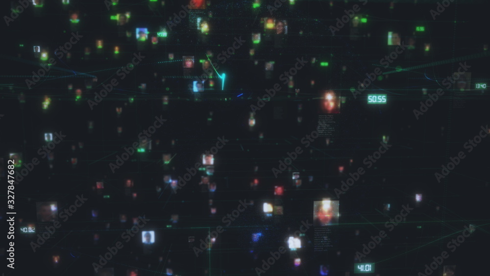 Poster man and woman faces connection at social network in big data concept footage with a global linked fl