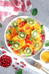Fruits salad: kiwi, orange, pomegranate and mint served with honey. Healthy eating. Top view with copy space.
