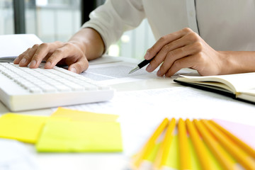 woman and man work for education or business on the table