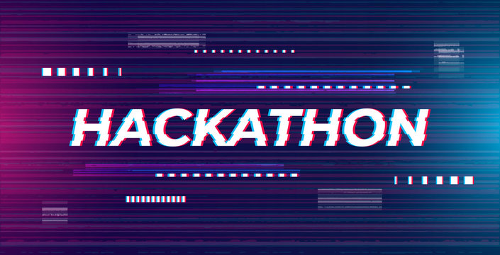 Hackathon banner illustration. Abstract futuristic background with glitch effect in neon colors. Screen template for hack contest, conference, coding meetup.