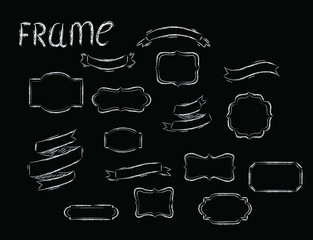 Frame, ribbons chalk isolated design elements on black background . Concept for logo, cards, icon invitation, menu 