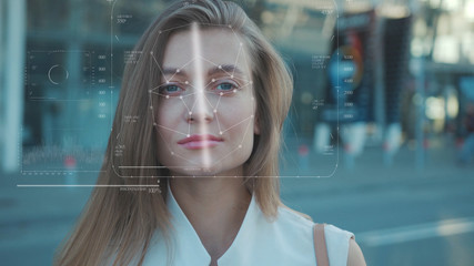 Future. Face Detection. Technological 3d Scanning. Biometric Facial Recognition. Face Id. Technological Scanning Of The Face Of Beautiful Caucasian Girl In The City For Facial Recognition. Shoted By