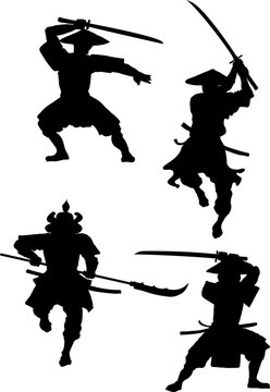 vector image of silhouettes of samurai with weapons in attack