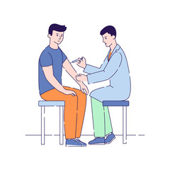 Doctor man giving free flu vaccination shot to hand male patient. flat vector illustration. Treatment, prevention and immunization. Isolated cartoon characters on a white background.