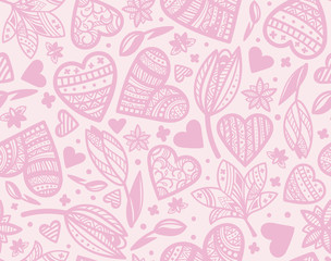 Pink seamless pattern with ornamental hearts, tulips for wrapping, paper, gifts