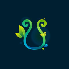 U letter eco logo with green curved lines, leaves and dew drops.