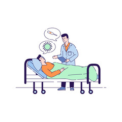 Doctor man discussing with male patient flat vector illustration. Hospitalization patient. Sick person is in a medical bed. Isolated cartoon characters on a white background.