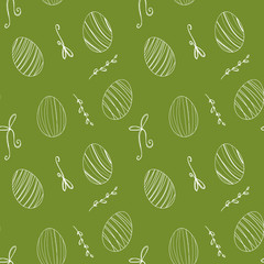 Easter striped eggs outline doodle seamless pattern cute digital art on a green background. Print for banners, posters, cards, web, invitation, wrapping paper and boxes.